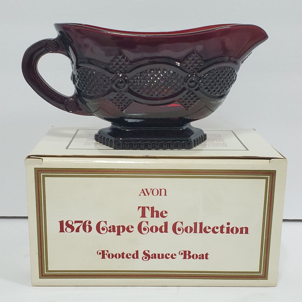 Avon 1876 Cape Cod Collection Footed Sauce‎ Boat Ruby Red Glass Vintage with Box